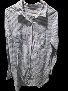 Women's Caslon Blue and White Striped Boyfriend Button-Down Shirt Size L